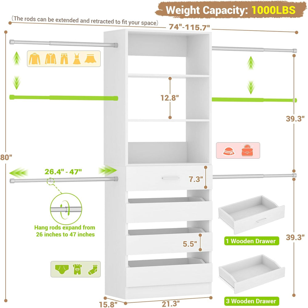 Aheaplus Closet System, 4-9Ft Closet Organizer with 4 Wooden Drawers, White