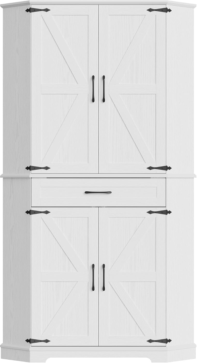 IRONCK 72" Corner Pantry Cabinet with Drawer and 4 Doors, White | Kitche...