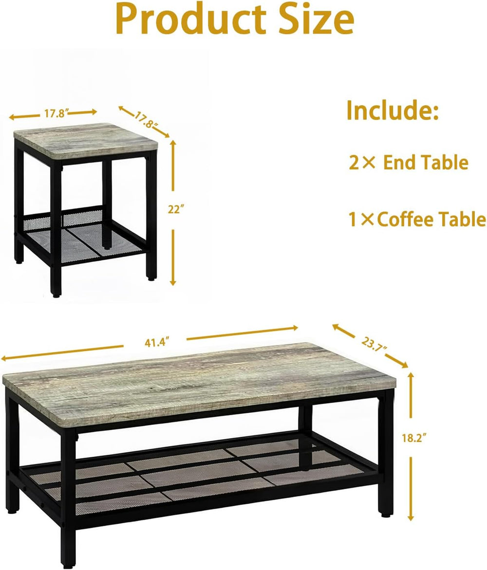 Coffee Table Set of 3,Industrial Coffee Table and 2 End Side Tables,Easy Asse...