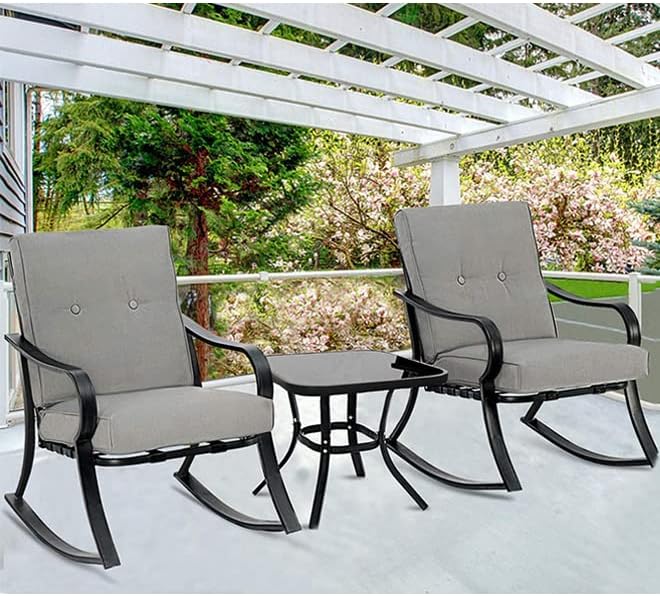 Outdoor 3-Piece Rocking Chairs, Patio Bistro Furniture Set, 2 Black Steel Roc...