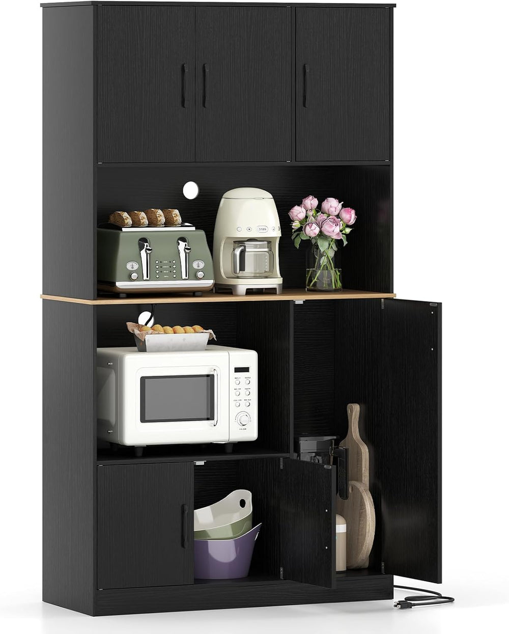 71" Large Kitchen Hutch with Power Outlet, Freestanding Pantry Cabinet w...