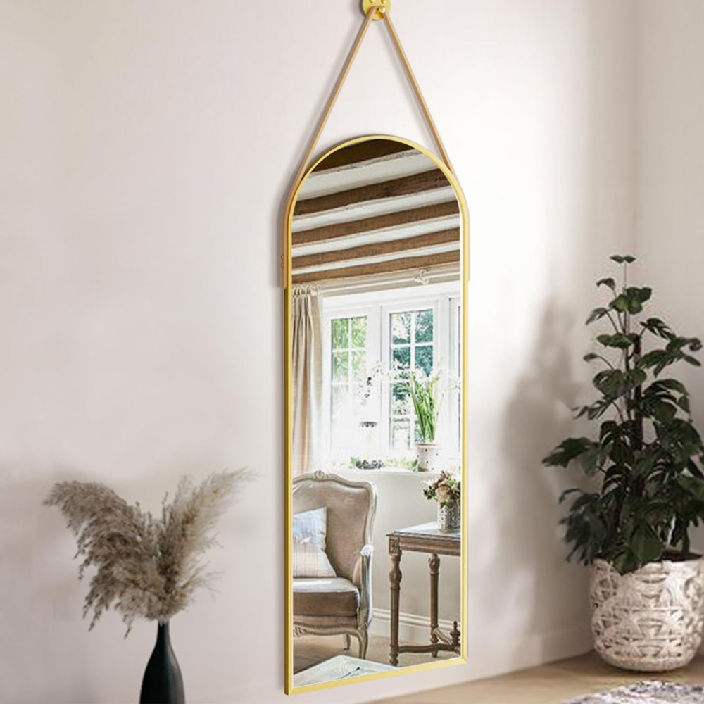 Dewfig 48"x16" Arched Full Length Mirror, Wall Mirror, Leather Stra...