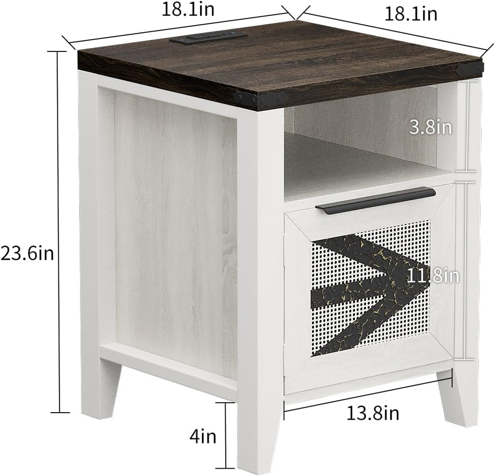 VFK Farmhouse End Table with Charging Station, 18.1" Narrow Side Table f...