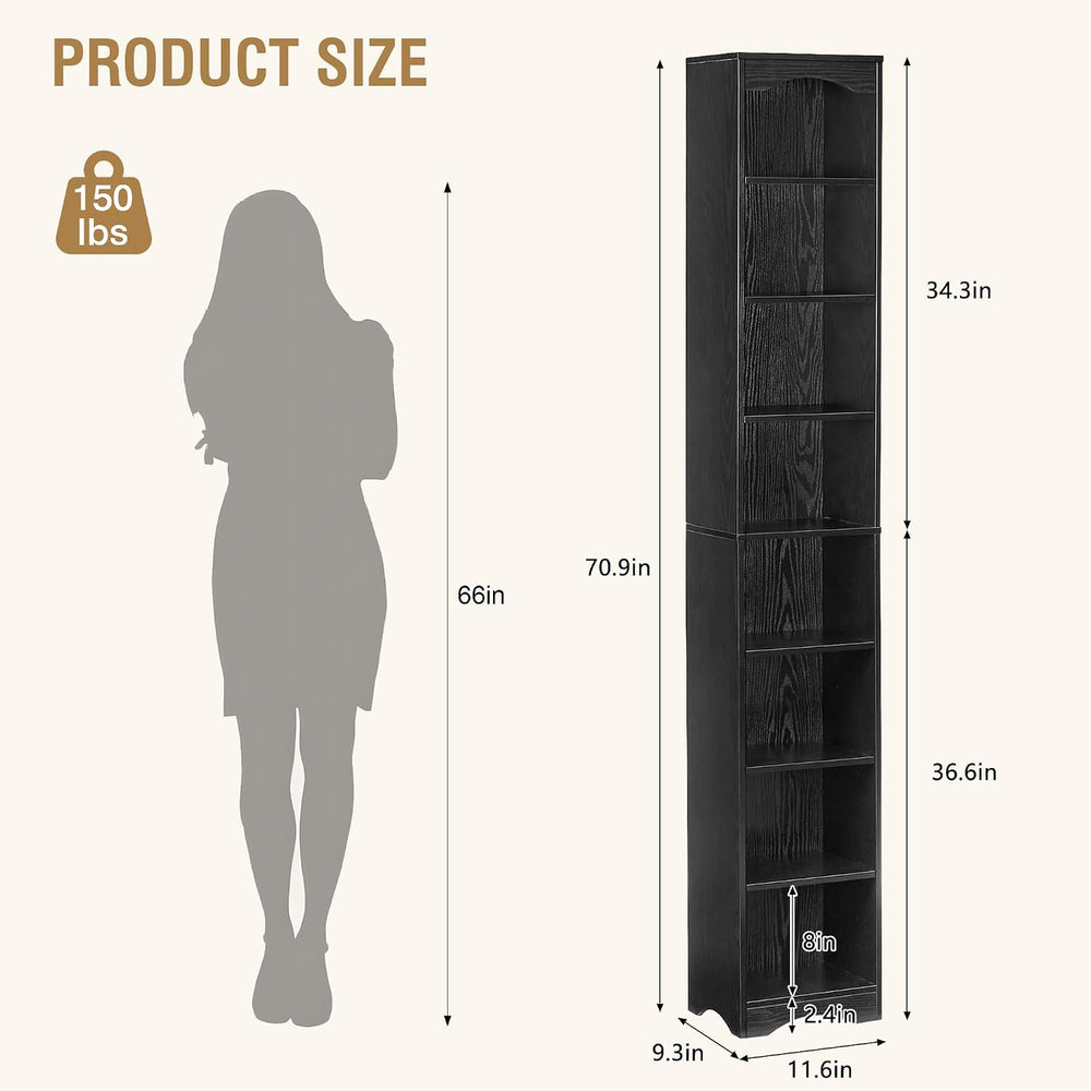 VECELO Curved Top Narrow Tall Bookshelf, 6 Adjustable Movable Shelves, Wood S...