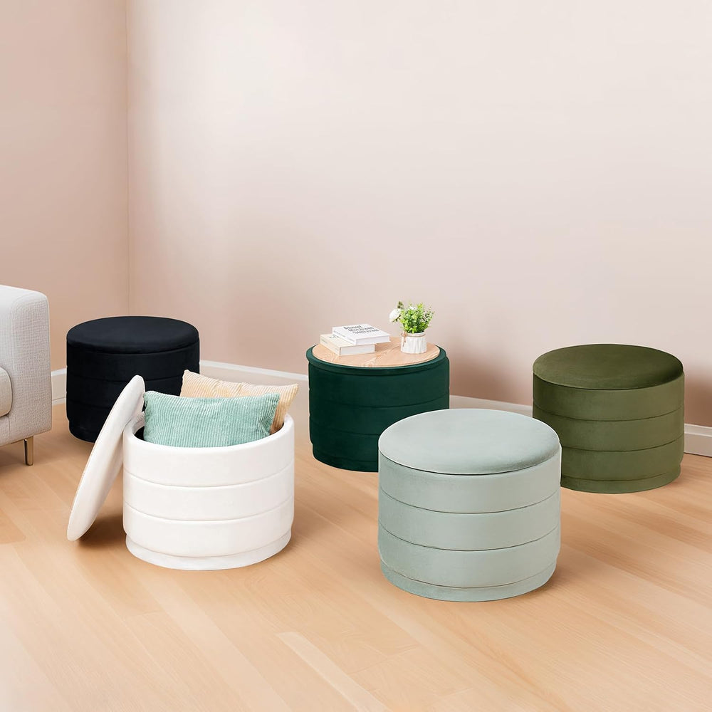 23" Round Velvet Storage Ottoman with Tray | Upholstered Folding Foot Re...