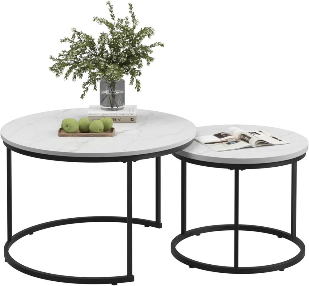 Nesting Coffee Table Set of 2, 27.6inch Round Coffee Table Wood Marble Patter...