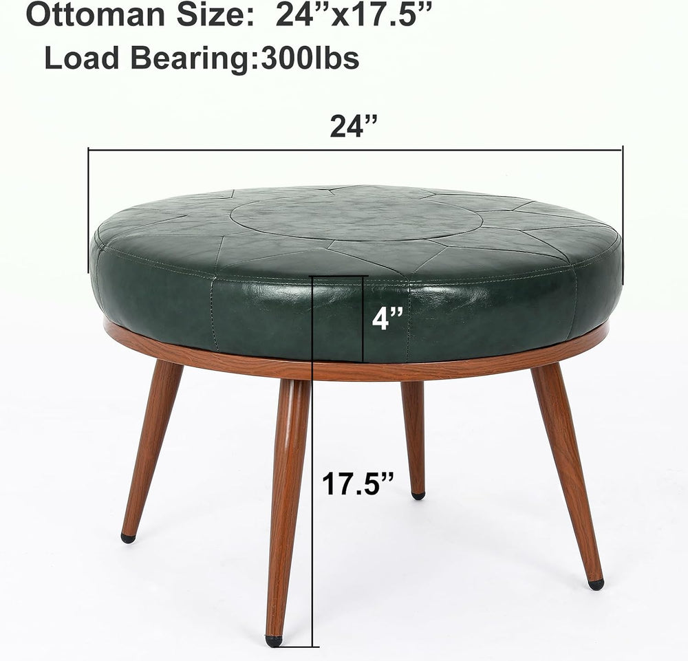 Green Round Ottoman Coffee Table, 24-Inch Faux Leather Cushioned Footstool wi...