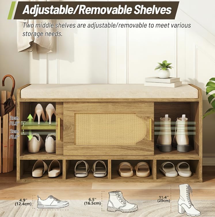 Shoe Storage Bench, 39.4" Entryway Bench with Linen Seat Cushion, 3-Tier...