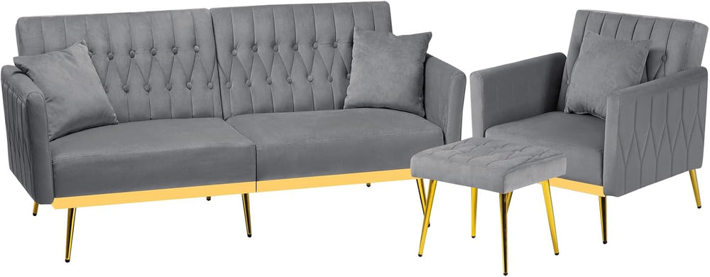 2 Pieces Velvet Sofa Set with Adjustable Armrest and Backrests, Grey