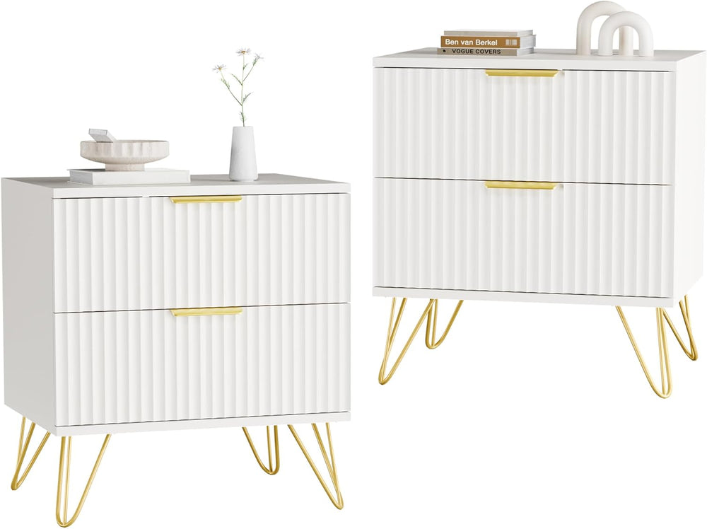 White Nightstand Set of 2, Modern Night Stand Bedside Table with 2 Storage Dr...