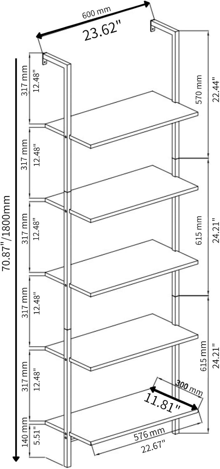 Karl home Oak 5 Tier Wall Mount Ladder Shelf, Metal Frame Open Bookcase