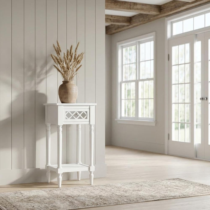 White 1 Drawer Accent Table with Shelf, Traditional Transitional Style, Durable Wood Construction, Elegant Home or Office Decor