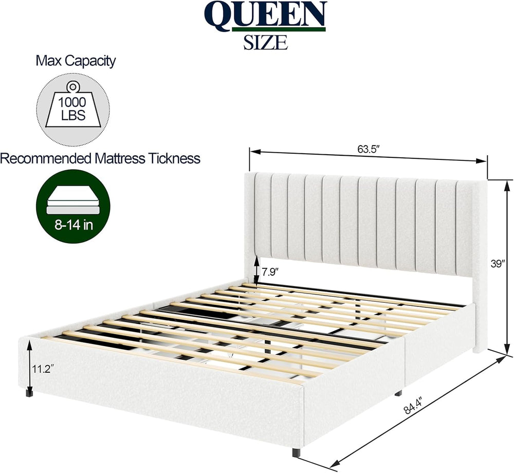 Queen Size Storage Bed Frame with 4 Drawers, Ivory Boucle Upholstered Platfor...