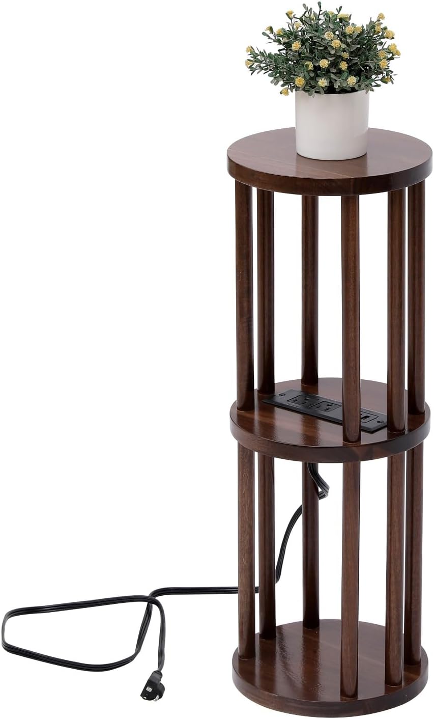 9 x25 Fully Assembled Walnut Wood Round Drink Table with Charging Station, Mi...