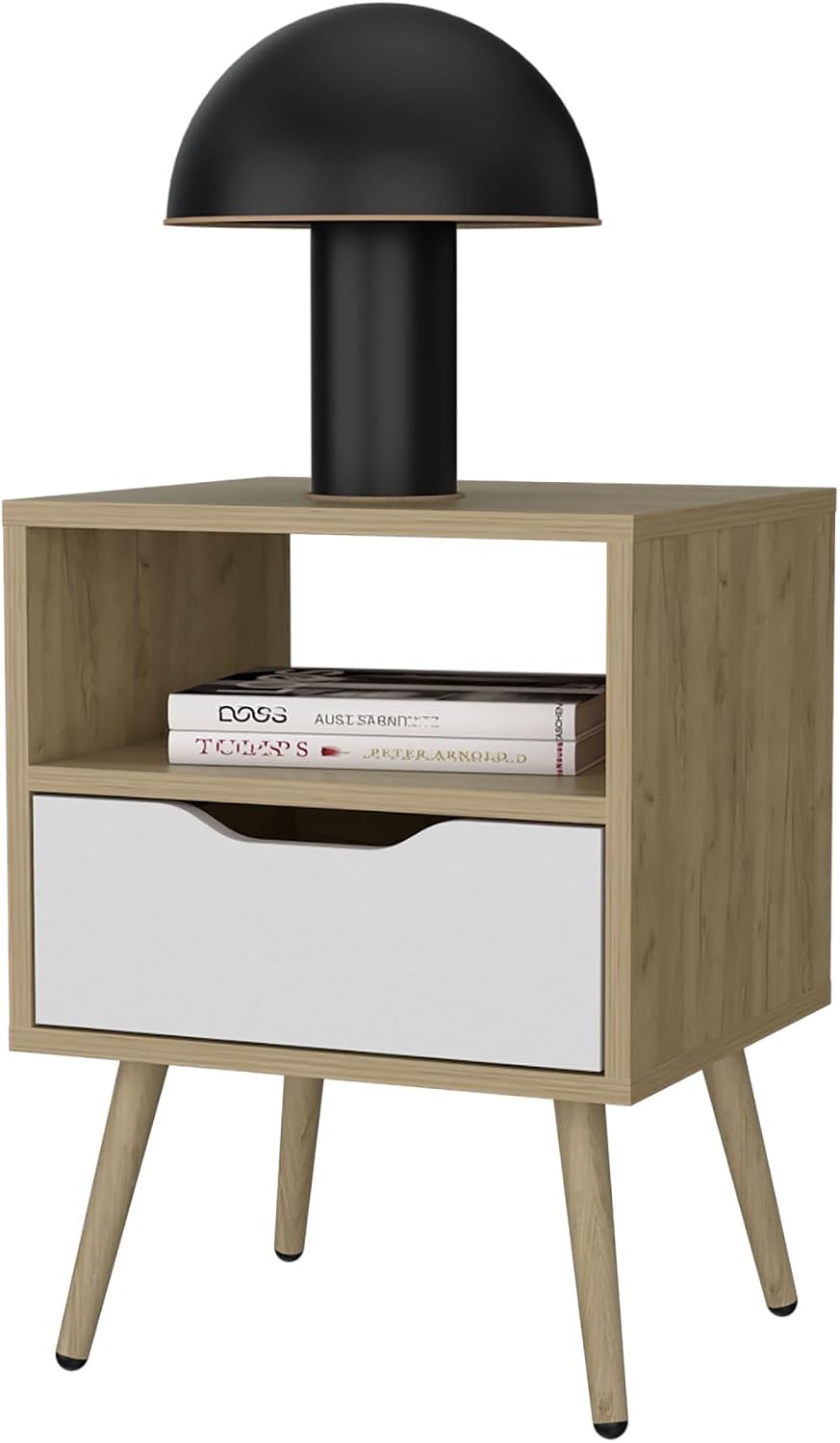 Nightstand with Open Storage, Natural Oak and White,for Small Spaces