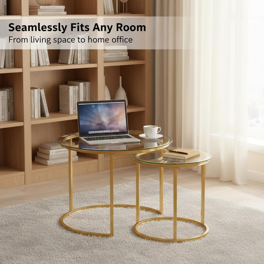Round Nesting Coffee Table Set of 2, Glass Stacking Minimalist End Table | Mo...