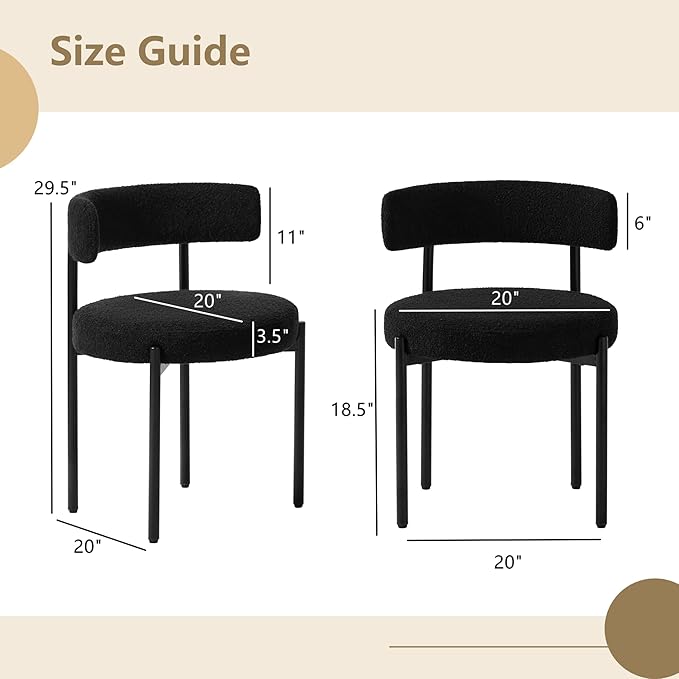 Boucle Dining Chairs Set of 2, Black Dining Chairs with Upholstered Seat and ...