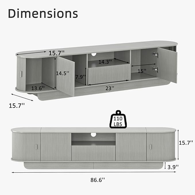 86.61'' Tambour TV Stand for 55-85 Inch, Entertainment Center with La...