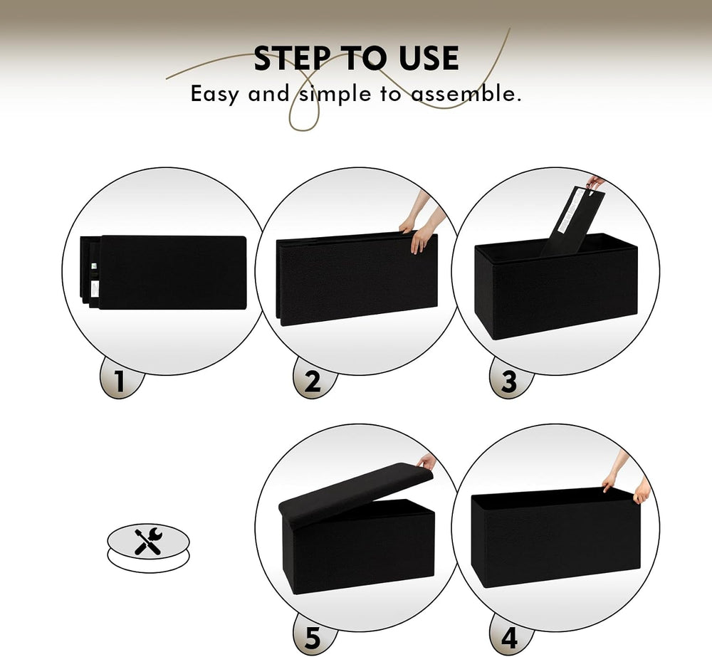 PINPLUS Folding Storage Ottoman Bench, Black Sherpa Ottoman for Living Room, ...