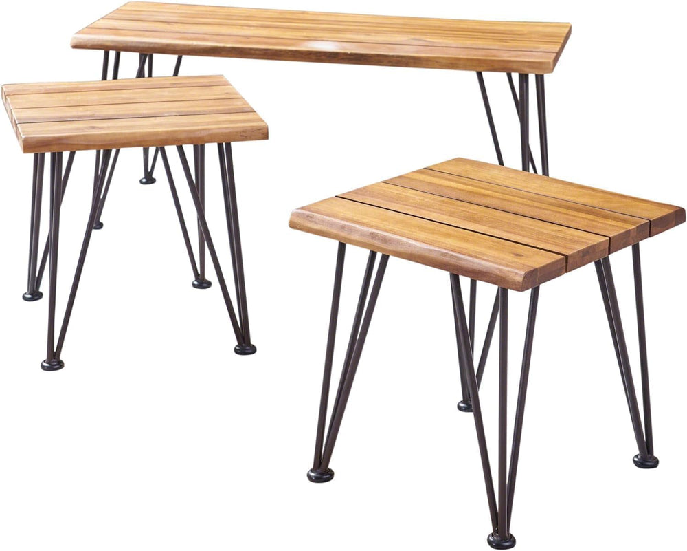 Industrial Acacia Wood Coffee Table Set, 3 Piece Living Room Table with Accen...
