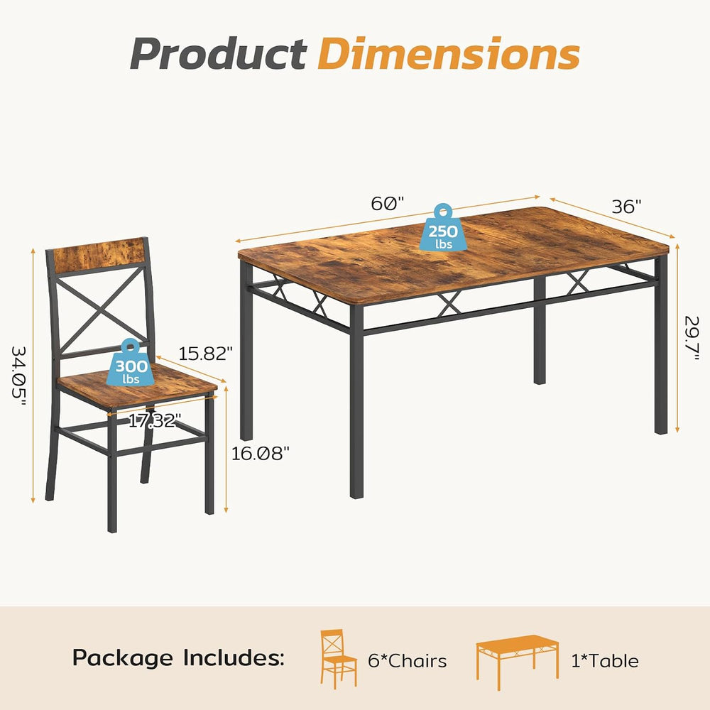 Zevemomo 7-Piece Dining Table Set, Kitchen Table Chairs Set of 6, Brown | Din...