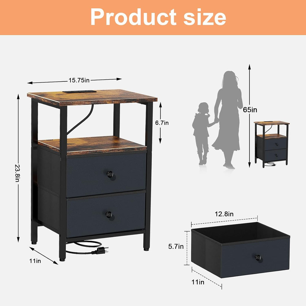 Nightstand with Charging Station, Bedside End Table with 2 Fabric Drawers for...