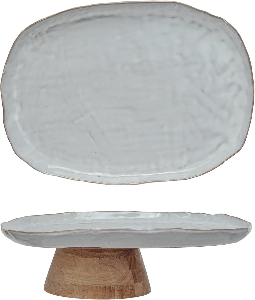Bloomingville Acacia-Base Stoneware Elegance Pedestal, White