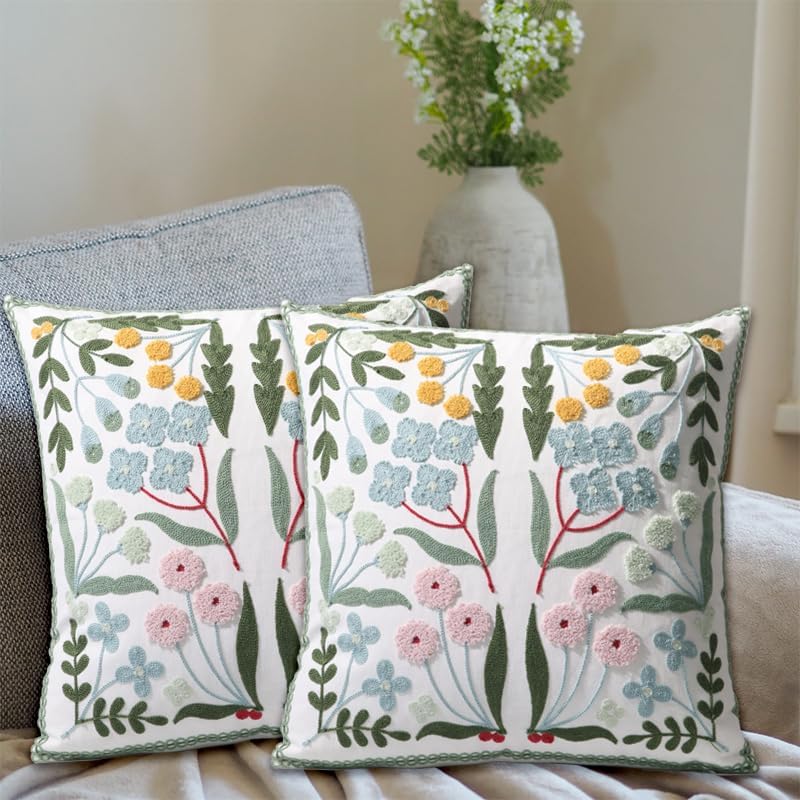 Pack of 2 Embroidered Decorative Throw Pillow Cover 18x18 Inch Farmhouse Flor...