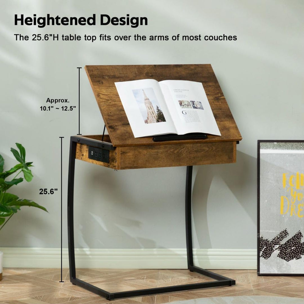 Hadulcet C Shaped End Table with Charging Station, Tiltable 0-52° | TV Tray T...