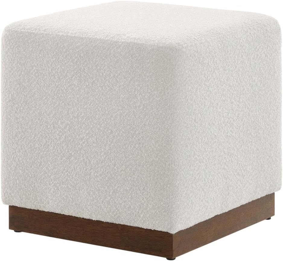 Brown 17" Square Boucle Upholstered Ottoman, Indoor-Outdoor Seating, Plu...