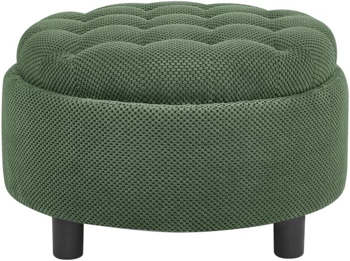 25Inch Round Storage Ottoman with Tray, ModernTufted Fabric Circle Coffee Tab...