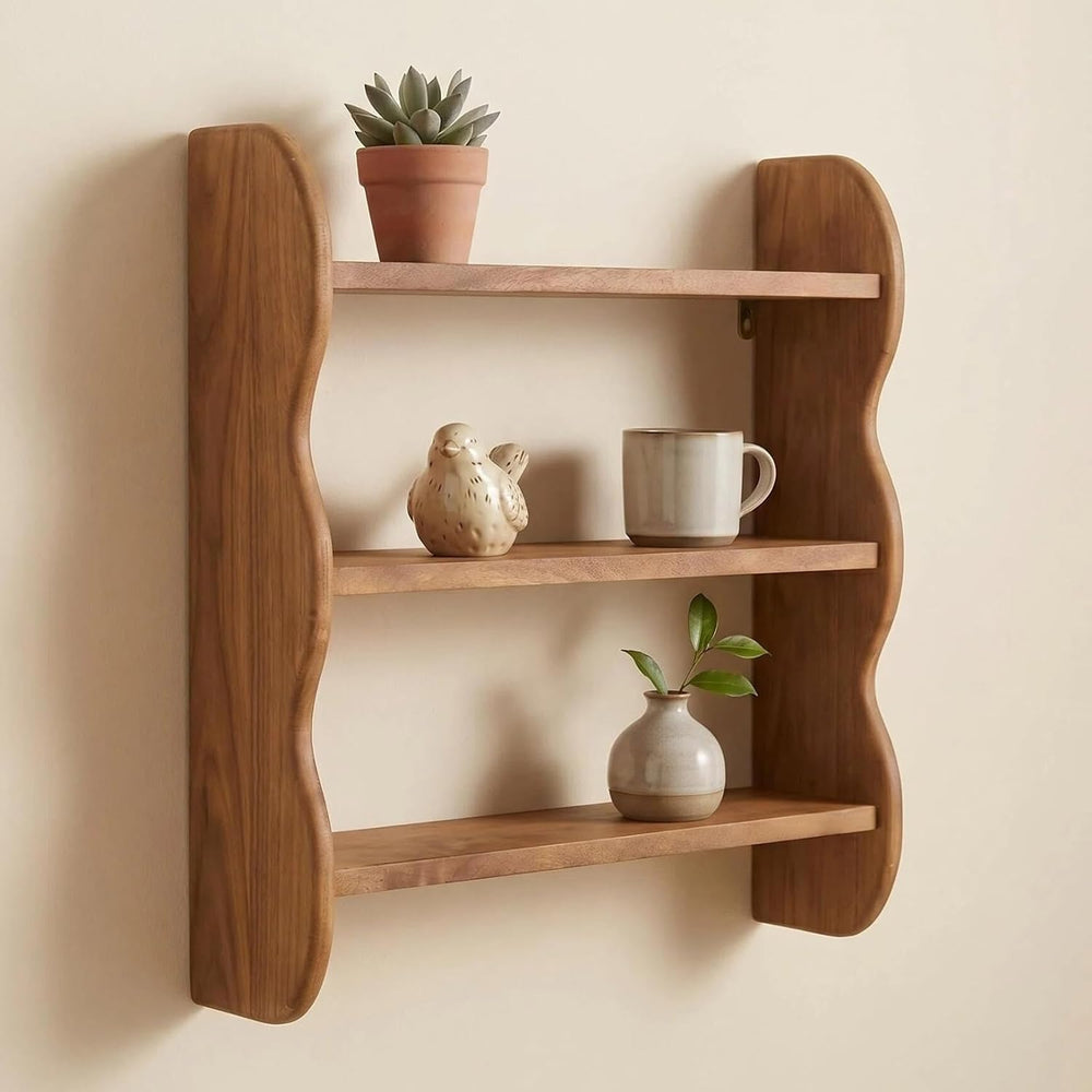 3-Tier Wall Mounted Scalloped Shelf 100% Solid Wood, Rustic Floating Trinket ...