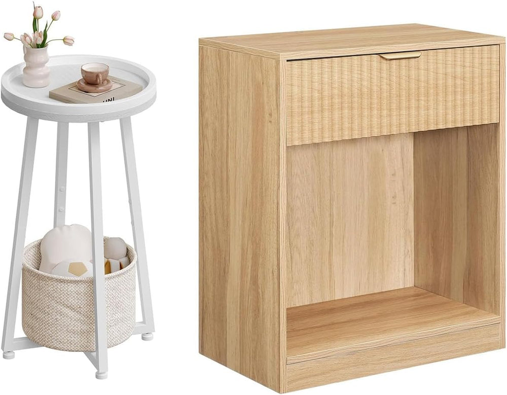 HOOBRO Round Side Table and Nightstand Bundle, 2-Tier Round Sofa End Table, M...