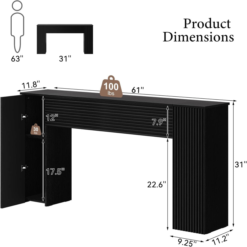 FABATO 61” Fluted Long Console Table with 2 Hidden Storage Cabinets, Black