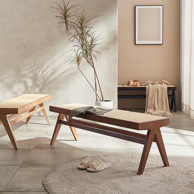 Entryway Stool Rattan Wooden Shoe Bench Bedroom Bedside Bench Wabi-sabi Style...