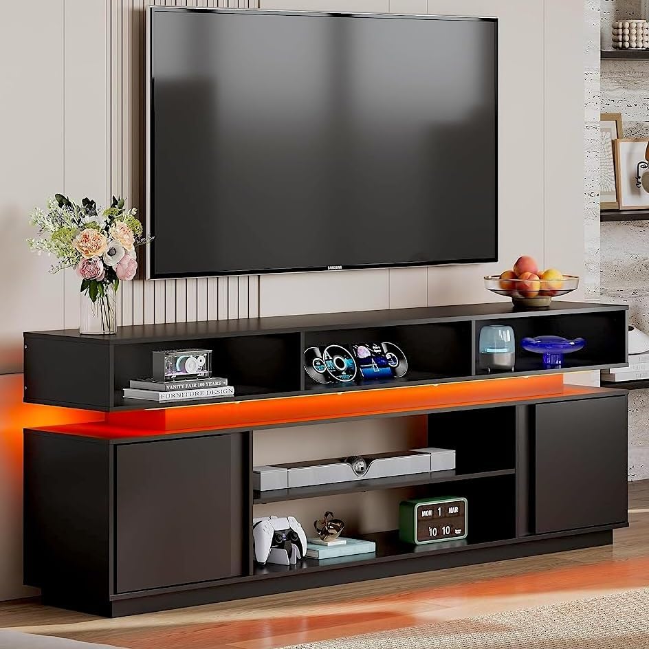 WLIVE Modern TV Stand for 75 Inch TV, 2 Tier Entertainment Center with RGB LE...