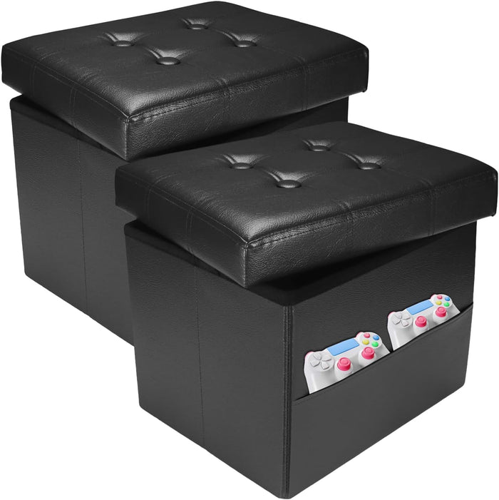 2PC Ottoman with Storage,17" Leather Folding Foot Rest Stool,Black