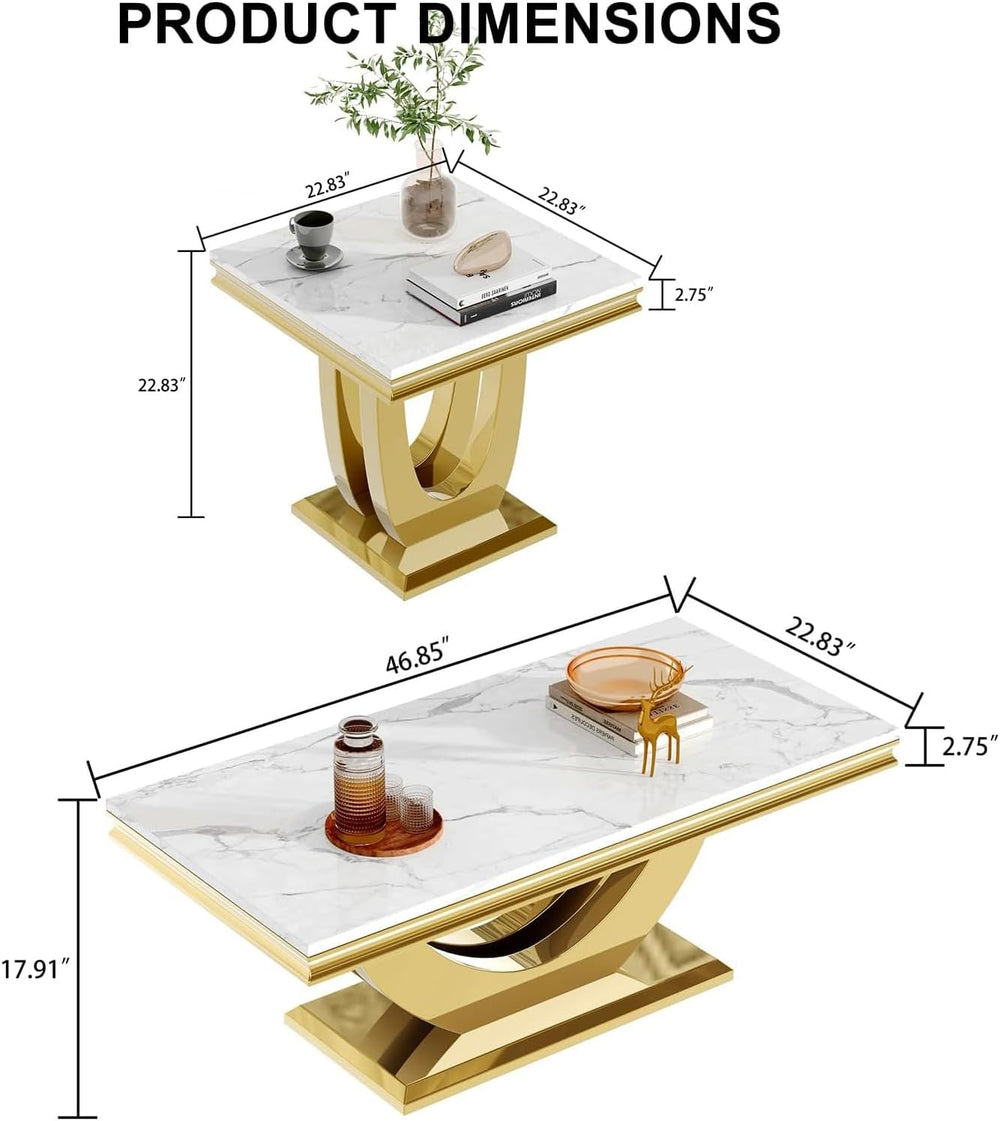 3 Piece Living Room Table Set, Modern Faux Marble Coffee Table and 2 End Tabl...