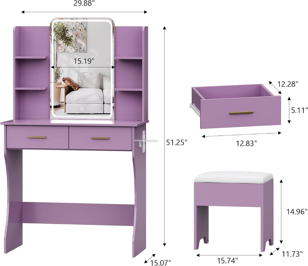Small Vanity Desk with Mirror and Lights, Makeup Vanity with LED Lights, Purp...