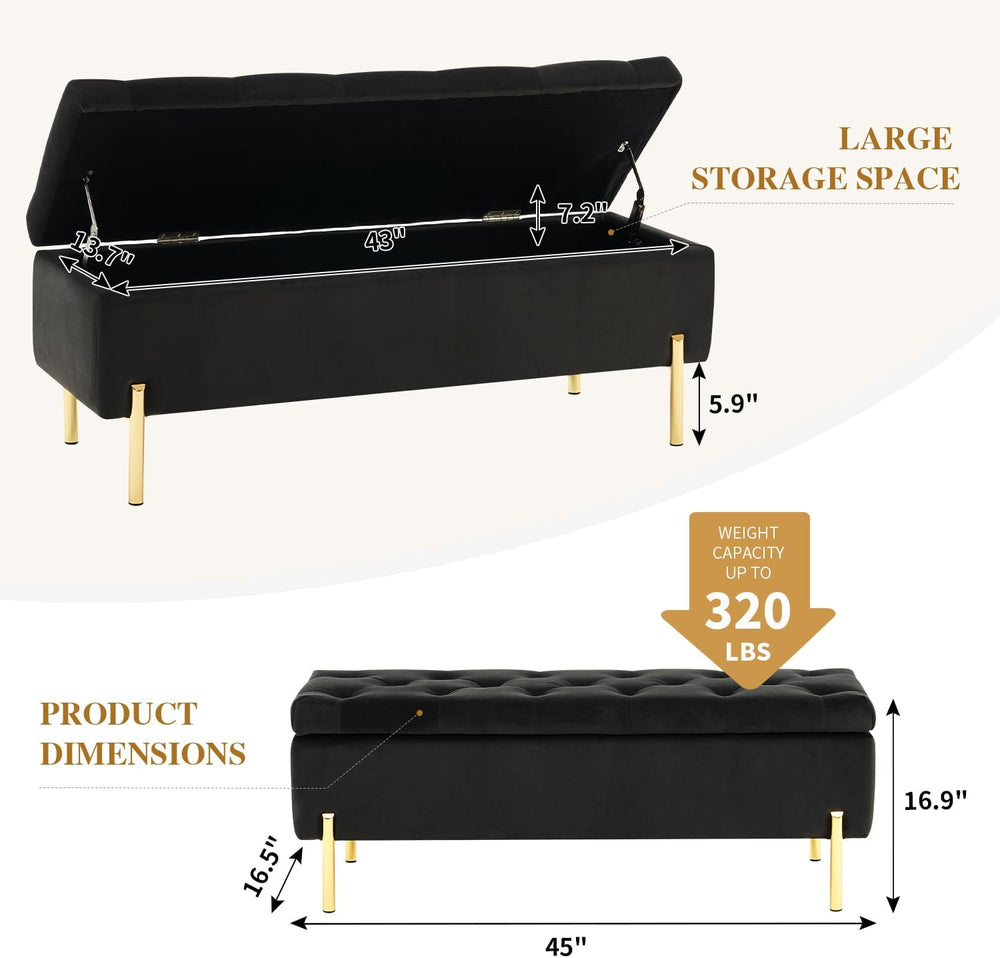 45.6 Inch Velvet Storage Bench Tufted Upholstered Ottoman Bench, Bedroom Benc...