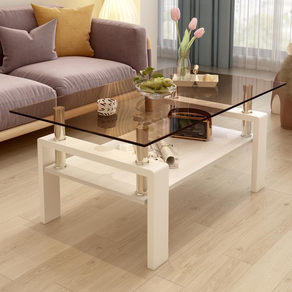 Rectangle Coffee Table, Tempered Glass Tabletop with MDF Layer, Modern Table ...