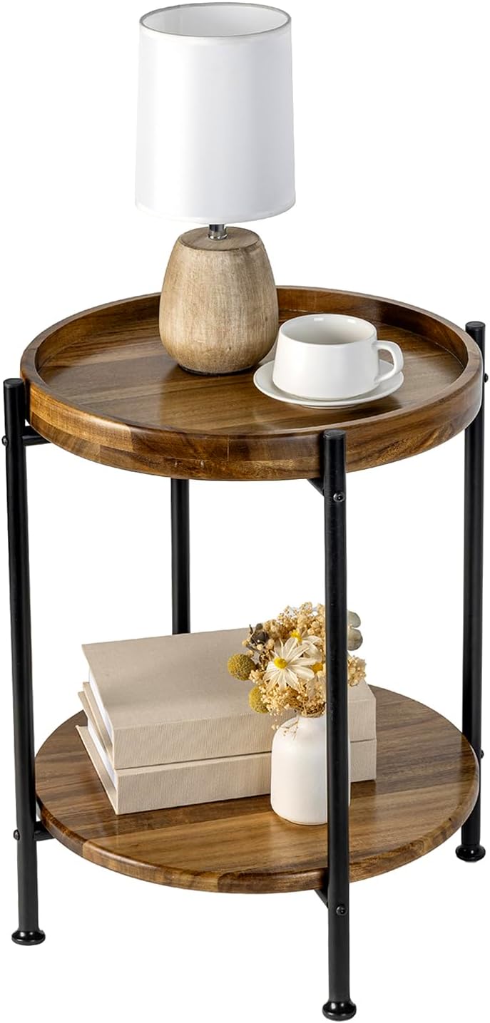 MyGift 2 Tier Round End Table with Premium Acacia Solid Wood Shelf and Black ...