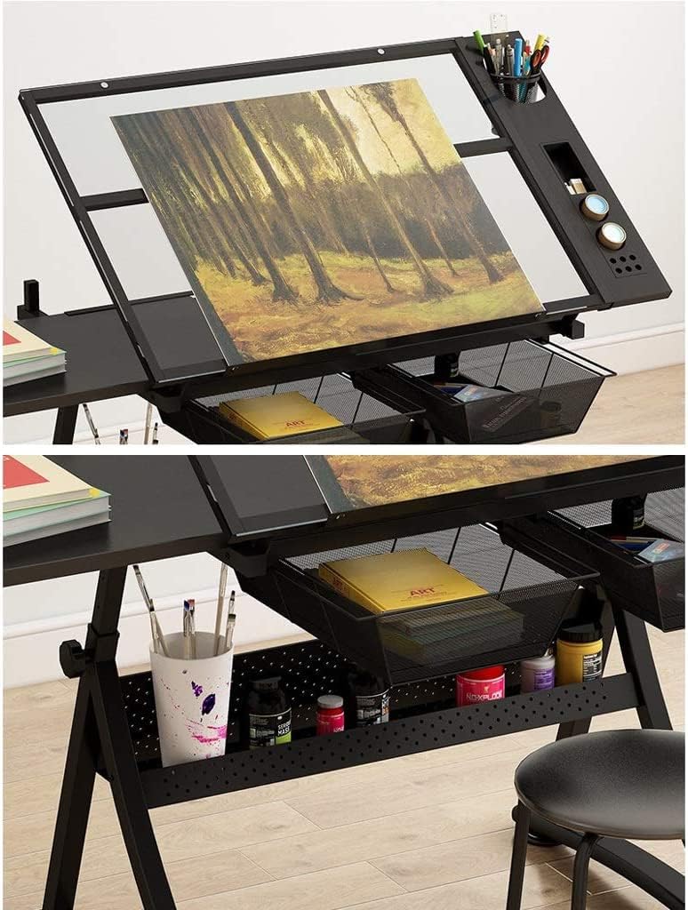 Black Drafting Table with Storage, Height Adjustable Tiltable Art Desk, Glass...