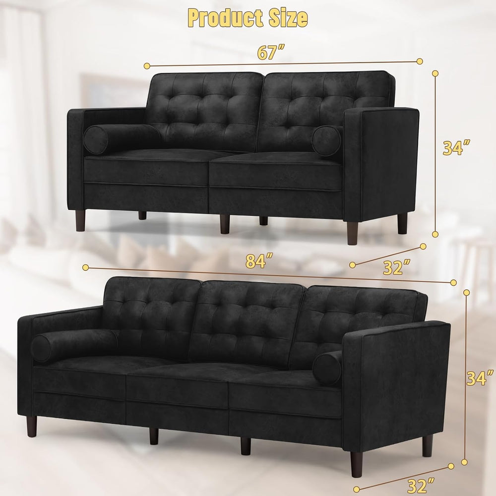Suede Leather Upholstered Sofa Set with Tufted Backrests, Black