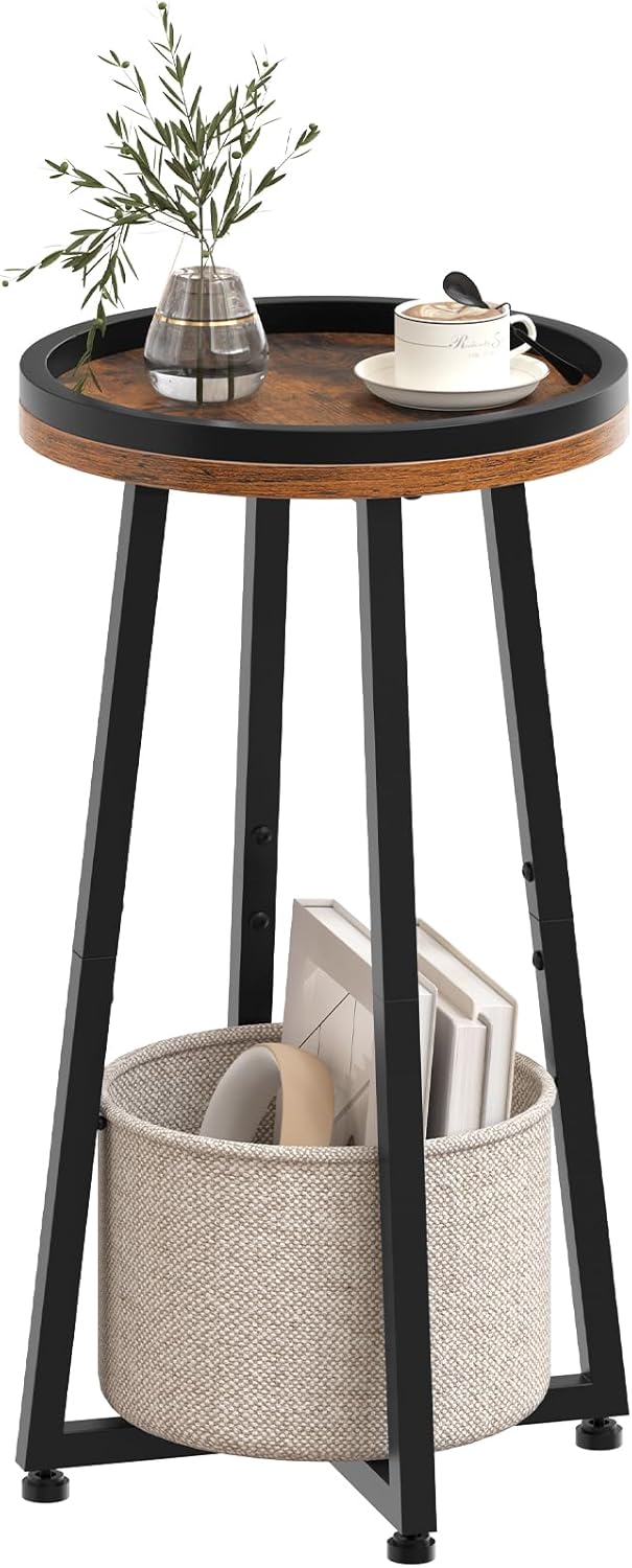 HOOBRO Small Round Side Table, 2-Tier Round Sofa End Table, Compact Nightstan...