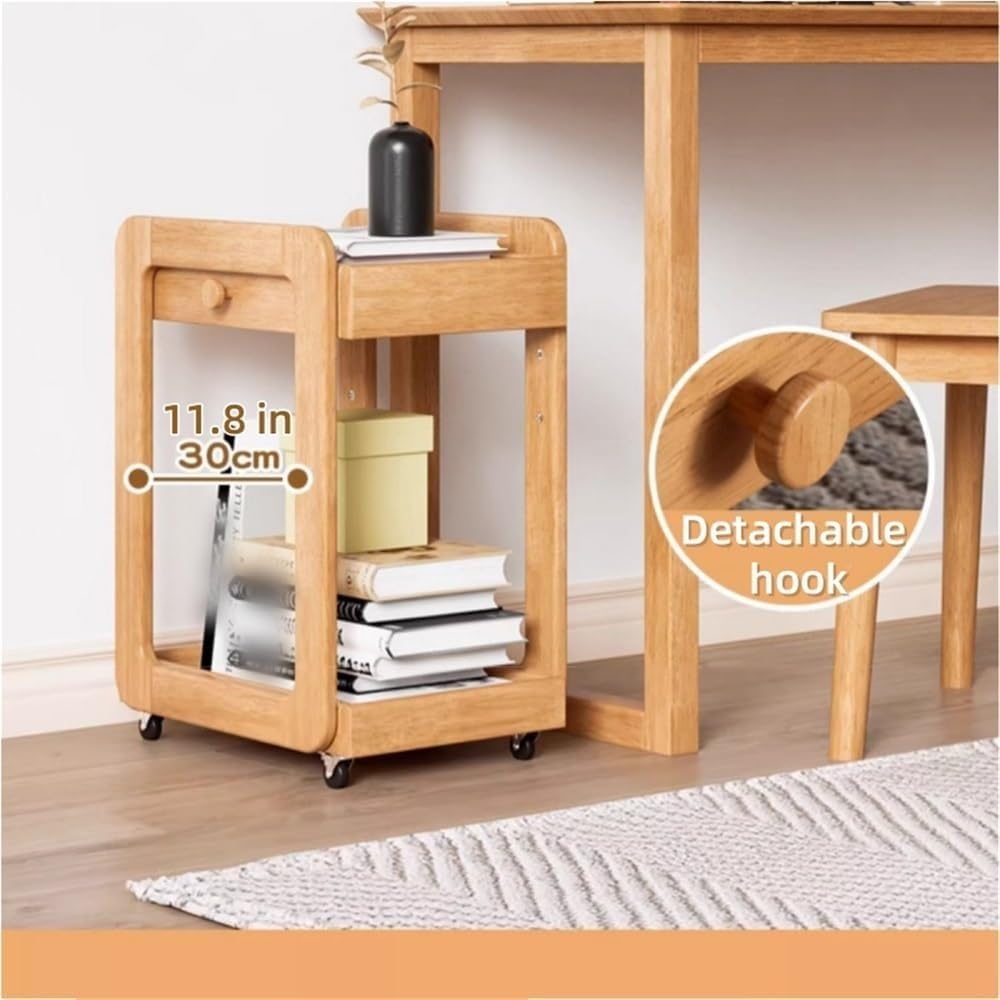 Side Table with 2 Tier Storage Shelf and Wheels Wood End Table Nightstand Bed...