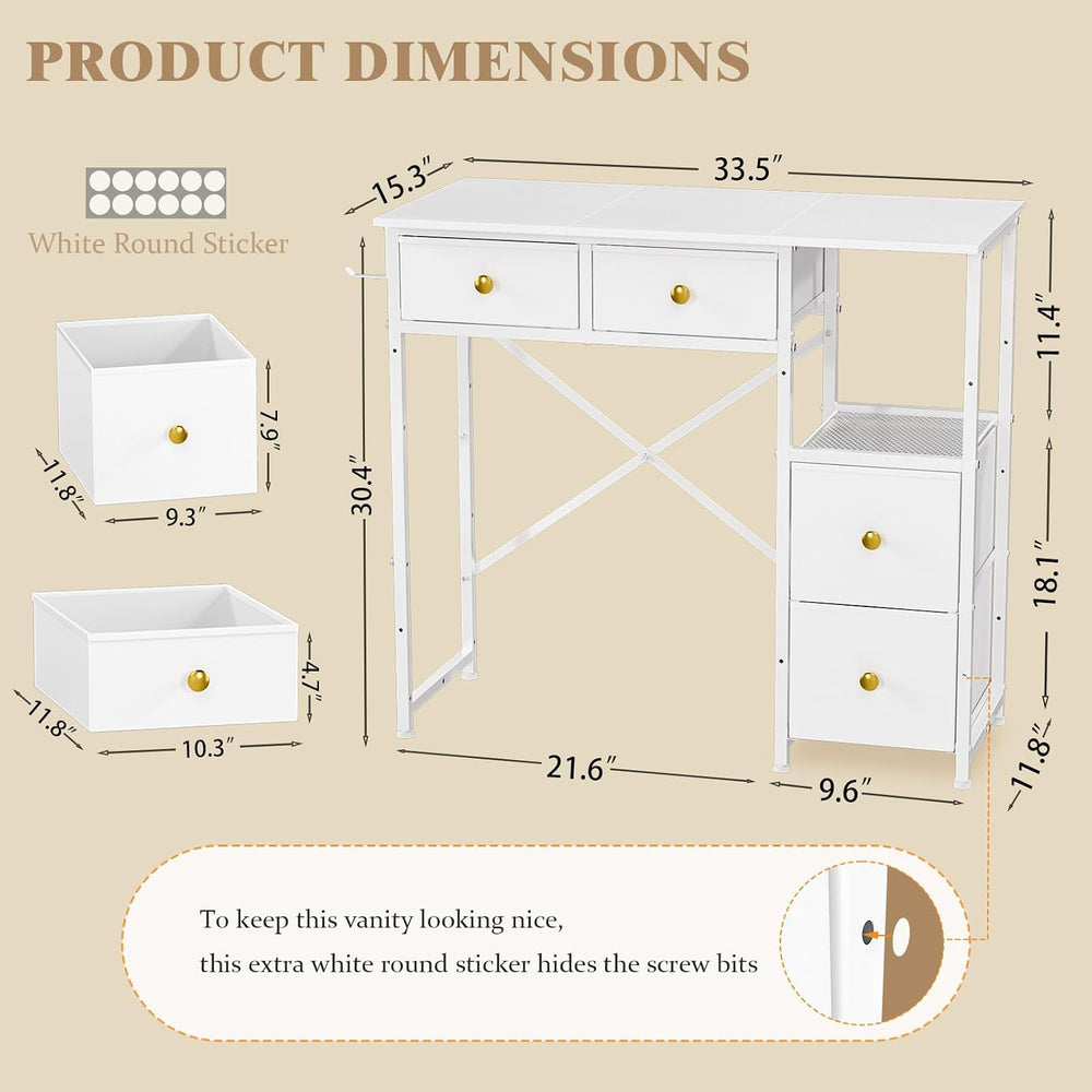 3IngSeagulls White Vanity Desk Without Mirror, Small Makeup Desk with 4 Fabri...