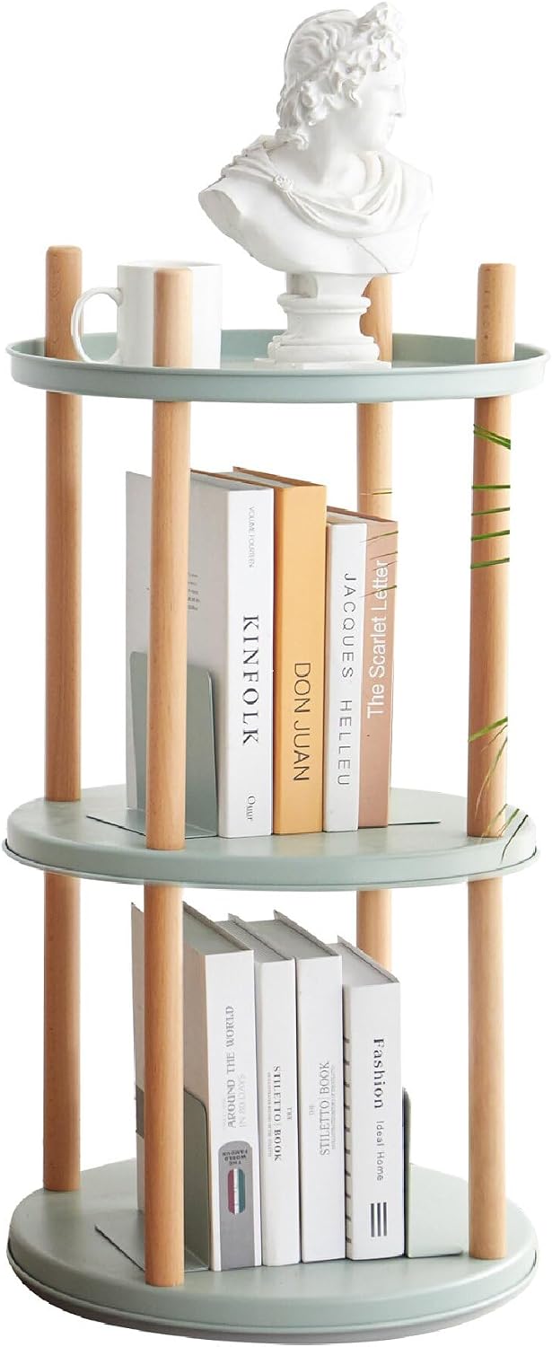 3-Tier Rotating Side Table, Round End Table with Storage Basket & Bookend...