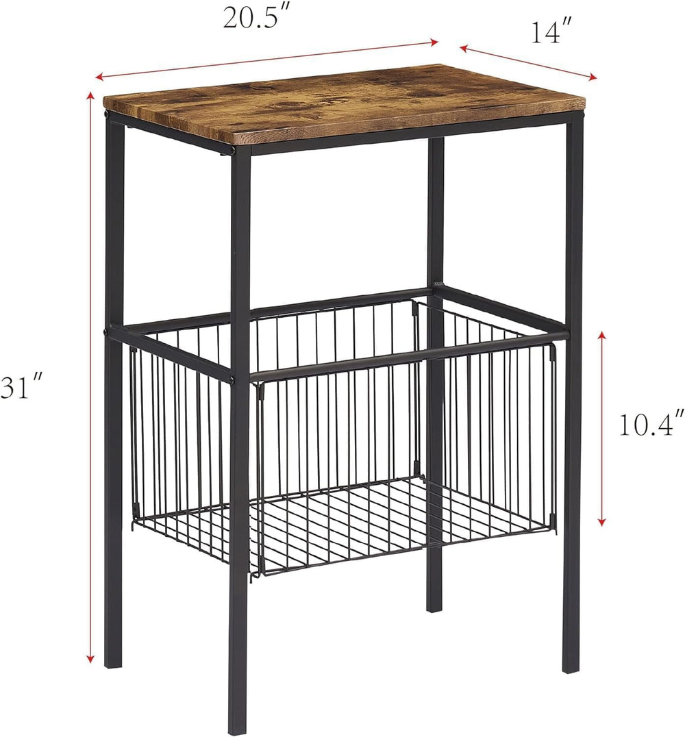 VECELO Tall End Table with Metal Basket,Nightstand with Shelf Storage Organiz...