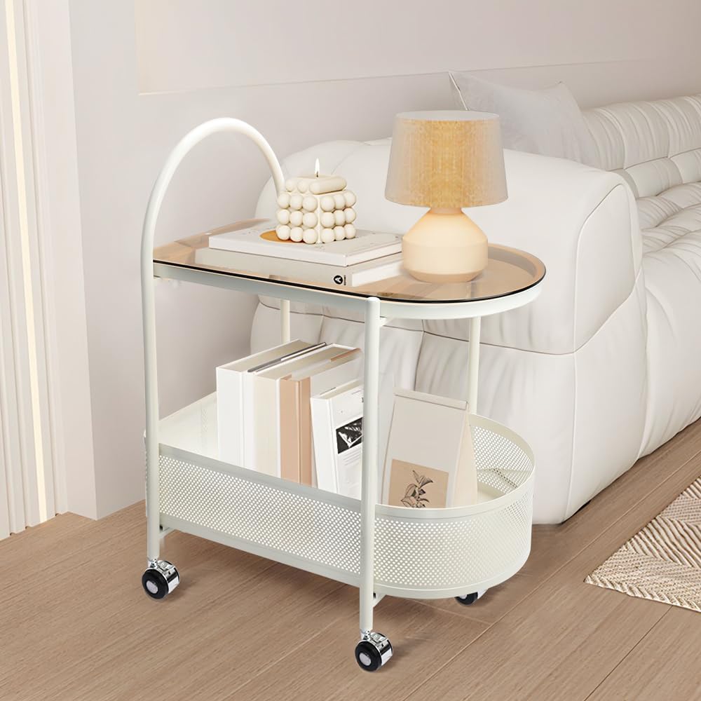 2 Tier Rolling Side Table, Metal Coffee Sofa Side End Table,Handle Utility Ca...